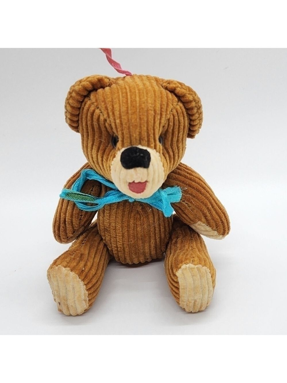 Vintage mini Corduroy bear ornament tan with blue bow moveable